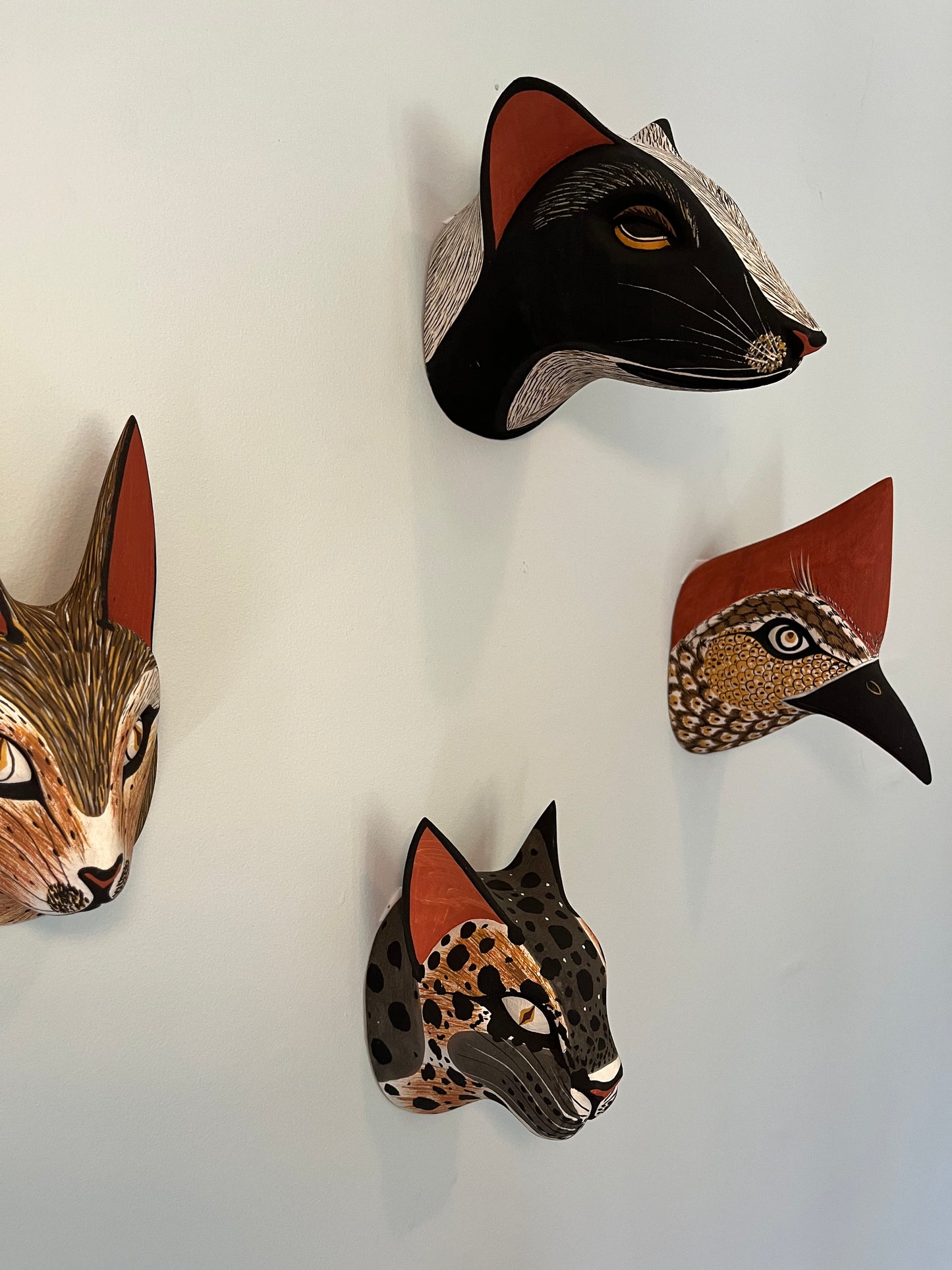 Handmade, hand carved wood, hand painted wooden animal head masks, artifact. One-of-a-kind, unique wall decor, sit-about home décor. Artisan made Chané masks in Argentina. Bird.