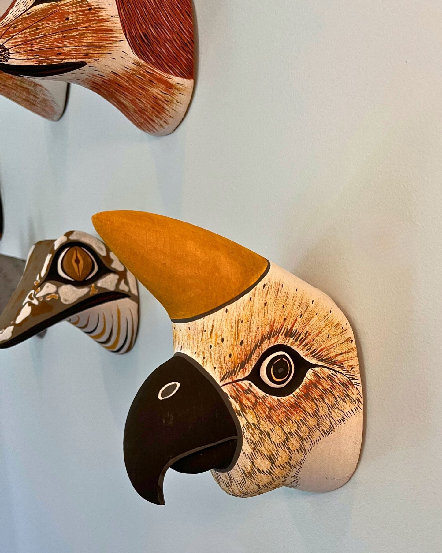 Handmade, hand carved wood, hand painted wooden animal head masks, artifact. One-of-a-kind, unique wall decor, sit-about home décor. Artisan made Chané masks in Argentina. Bird.