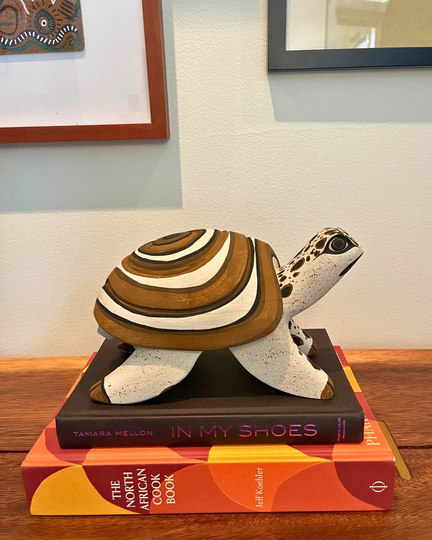 Handmade, hand carved wood, hand painted wooden animal heads. One-of-a-kind, unique tabletop decor, sit-about home décor. Artisan made from Chané artisans in Argentina. Tortoise Sculpture.
