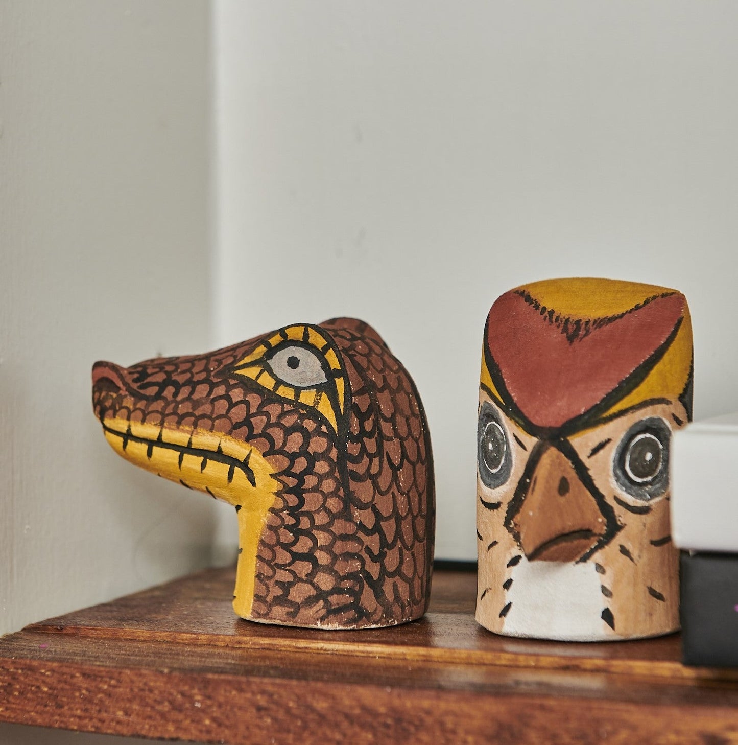 Handmade, hand carved wood, hand painted wooden animals. Tabletop decor, sit-about. Chané, Argentina. Alligator.
