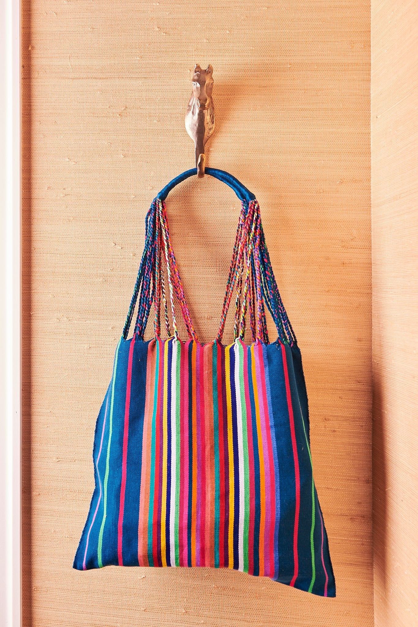 high quality handmade woven tote travel shopping bag Handwoven Tote Bag | Teal/Rainbow Stripe