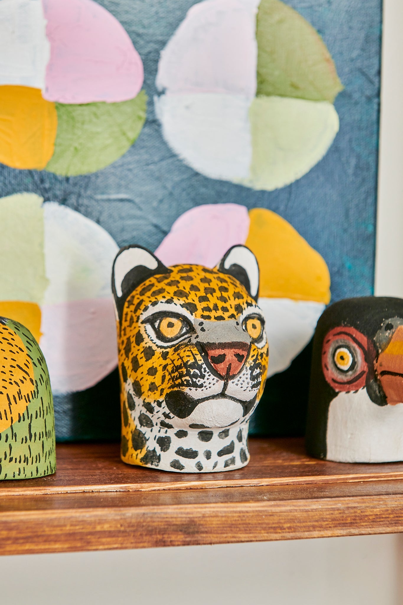 Handmade, hand carved wood, hand painted wooden animal heads. One-of-a-kind, unique tabletop decor, sit-about home décor. Artisan made from Chané artisans in Argentina. Jaguar.