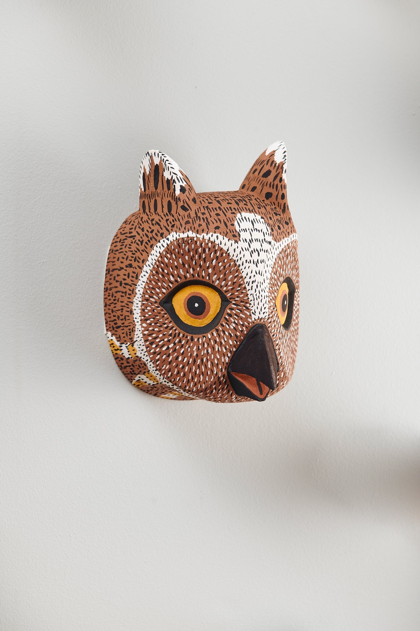 Handmade, hand carved wood, hand painted wooden animal head masks, artifact. One-of-a-kind, unique wall decor, sit-about home décor. Artisan made from Chané artisans in Argentina. Owl, Bird.