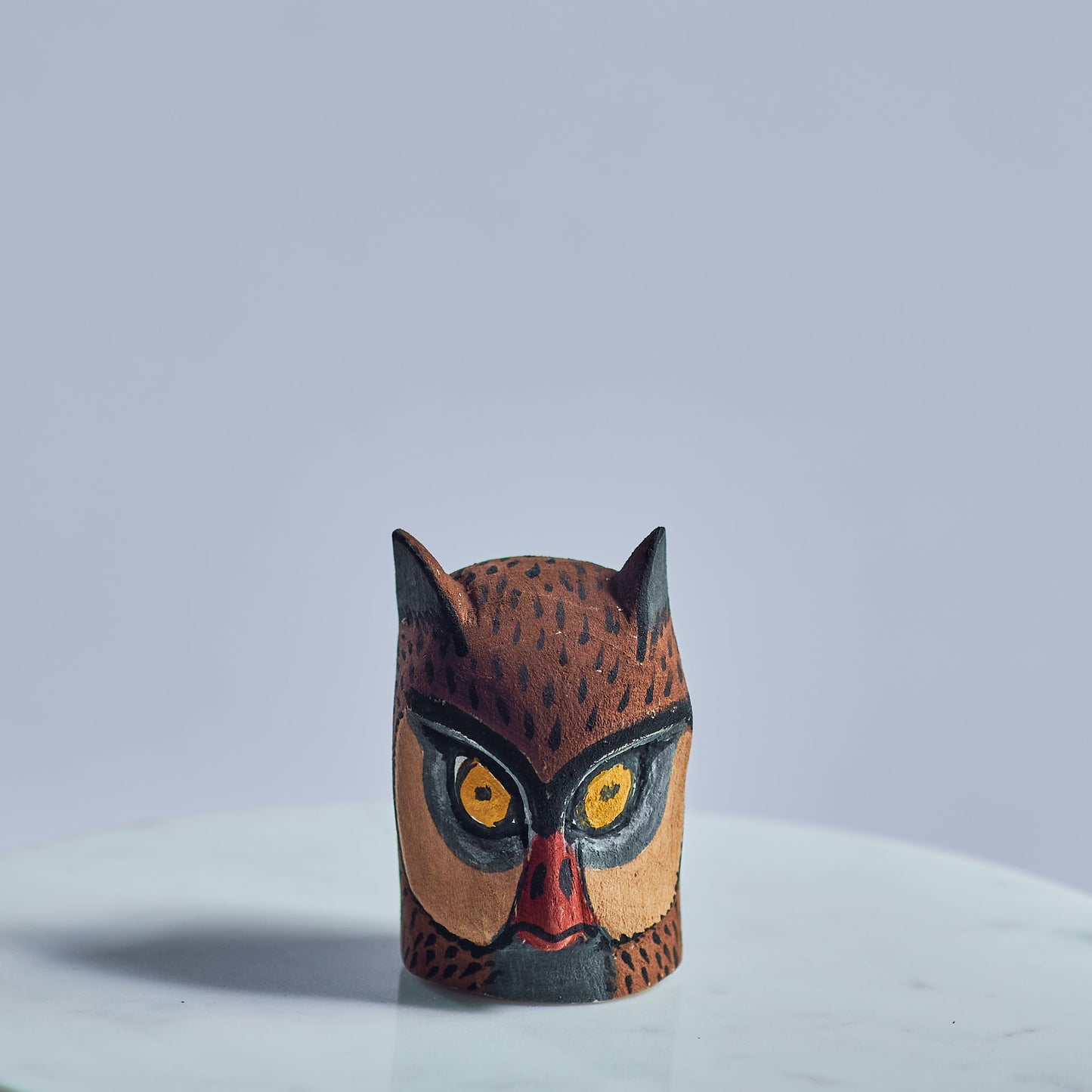 Handmade, hand carved wood, hand painted wooden animal heads. One-of-a-kind, unique tabletop decor, sit-about home décor. Artisan made from Chané artisans in Argentina. Owl.