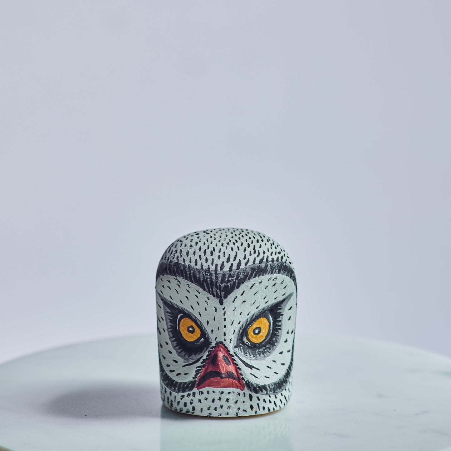 Handmade, hand carved wood, hand painted wooden animal heads. One-of-a-kind, unique tabletop decor, sit-about home décor. Artisan made from Chané artisans in Argentina. Owl..