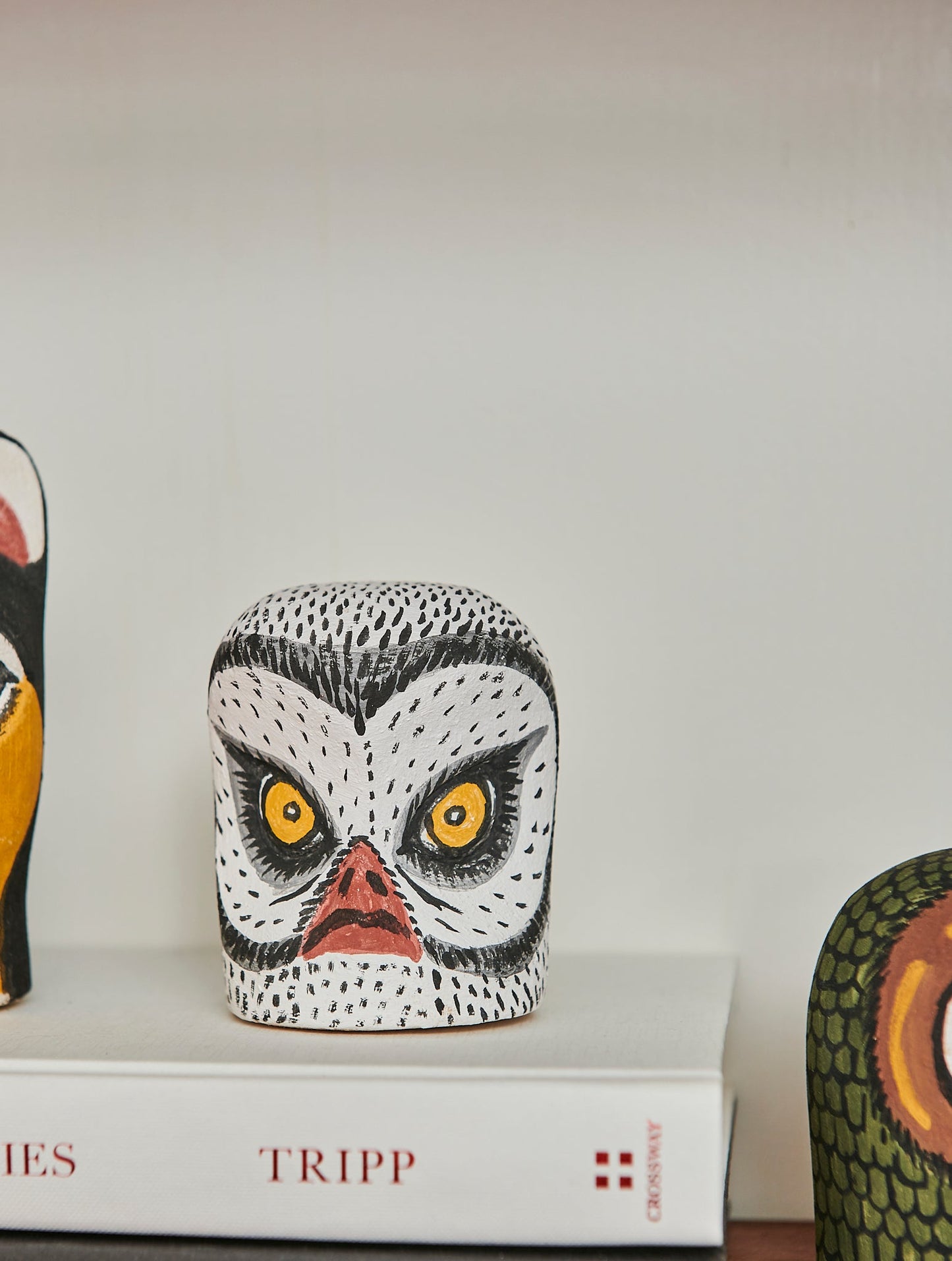 Handmade, hand carved wood, hand painted wooden animal heads. One-of-a-kind, unique tabletop decor, sit-about home décor. Artisan made from Chané artisans in Argentina. Owl.
