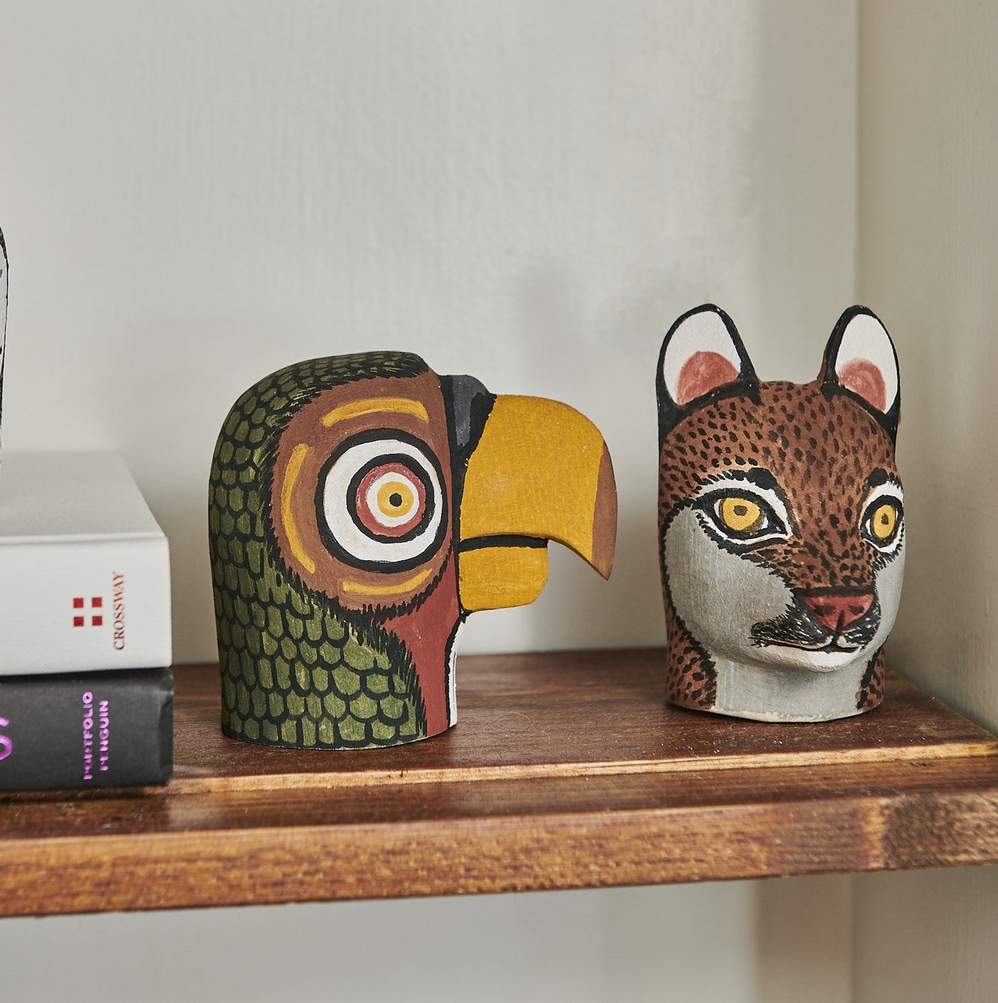 Handmade, hand carved wood, hand painted wooden animal heads. One-of-a-kind, unique tabletop decor, sit-about home décor. Artisan made from Chané artisans in Argentina. Parrot.