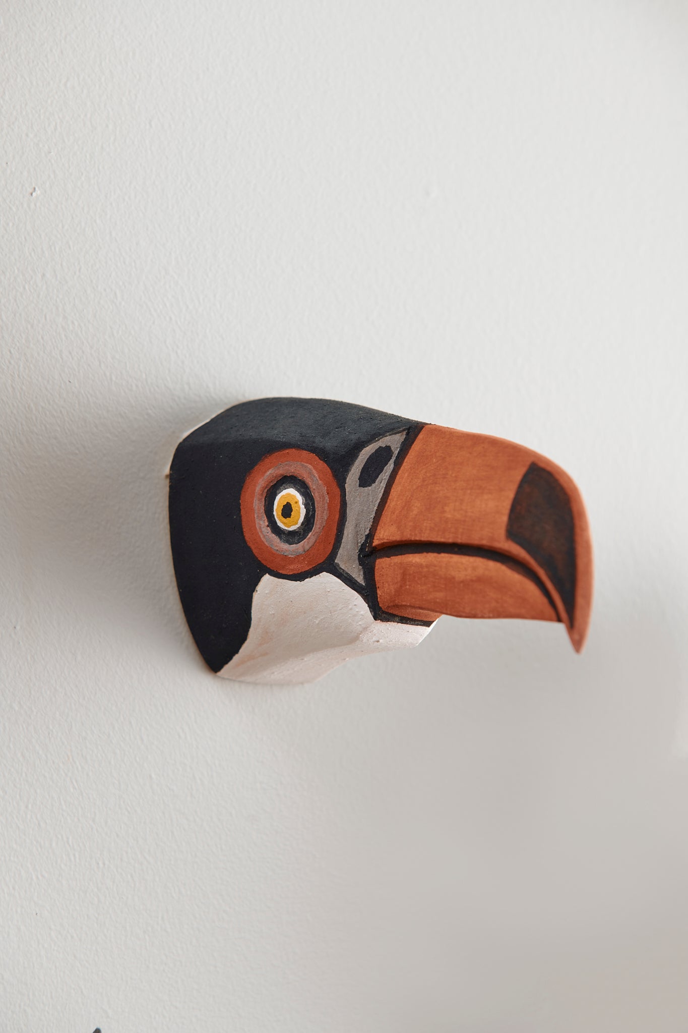 Handmade, hand carved wood, hand painted wooden animal head masks, artifact. One-of-a-kind, unique wall decor, sit-about home décor. Artisan made from Chané artisans in Argentina. Bird, Toucan