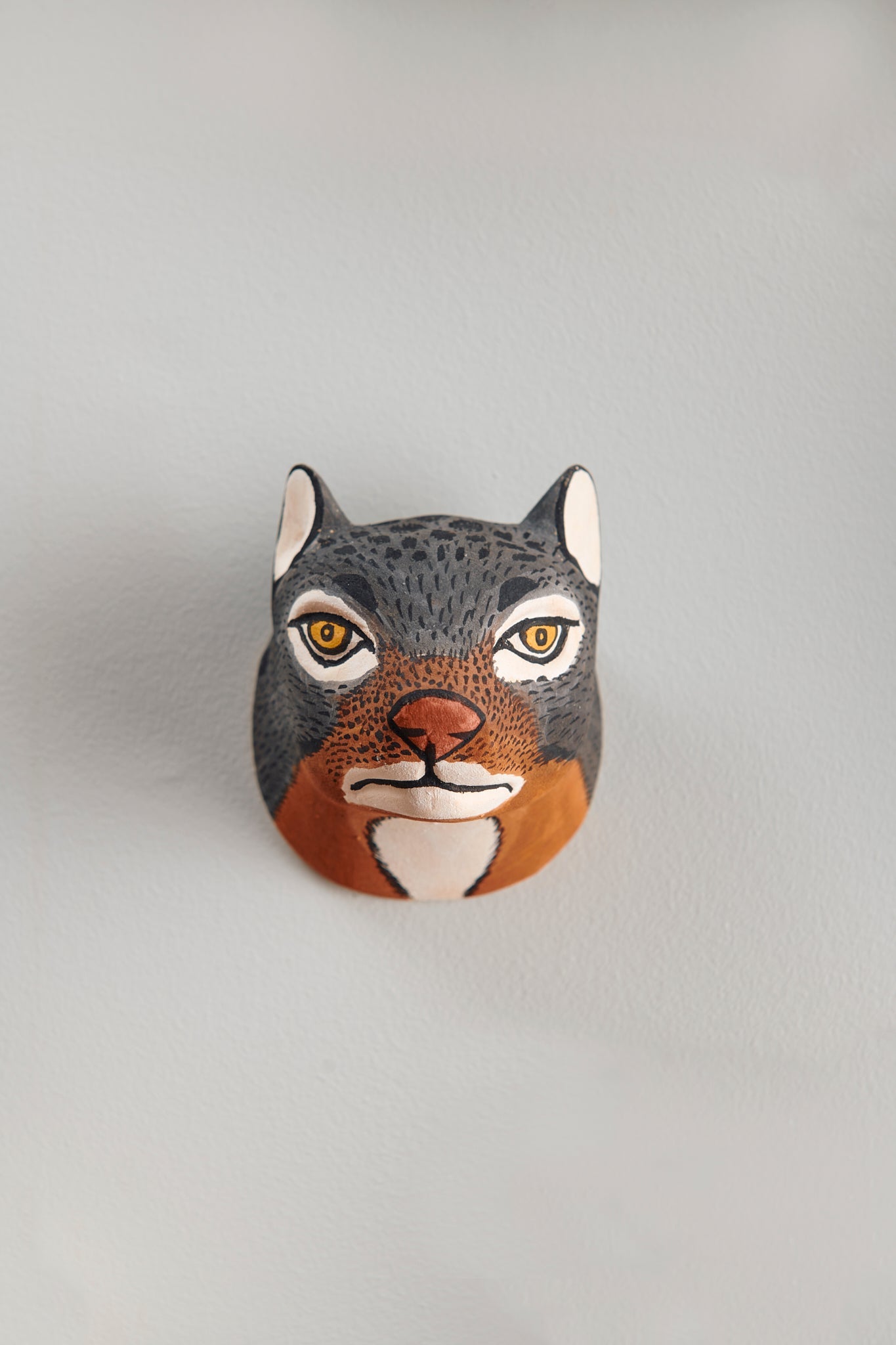 Handmade, hand carved wood, hand painted wooden animal head masks, artifact. One-of-a-kind, unique wall decor, sit-about home décor. Artisan made from Chané artisans in Argentina. Wolf