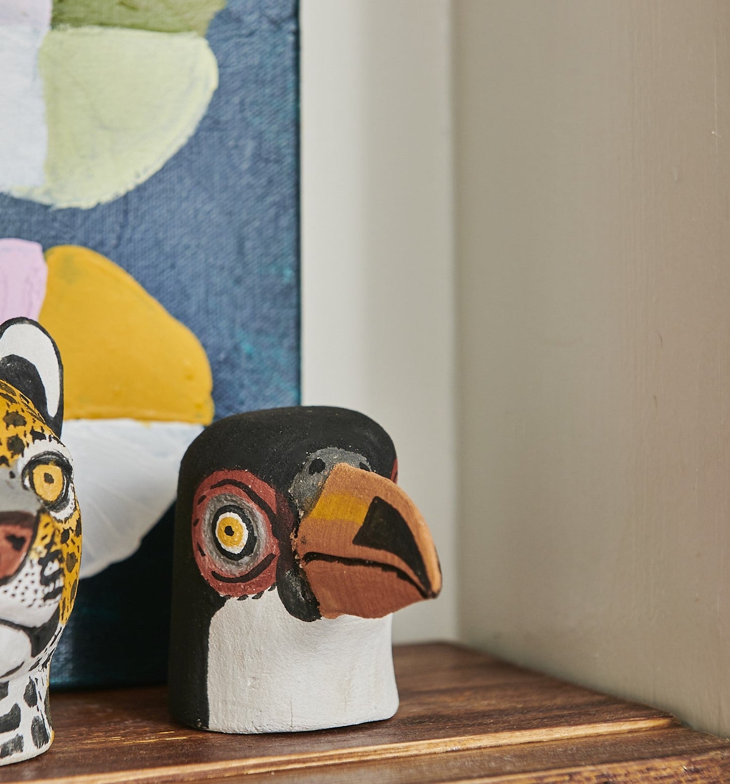 Handmade, hand carved wood, hand painted wooden animal heads. One-of-a-kind, unique tabletop decor, sit-about home décor. Artisan made from Chané artisans in Argentina. Toucan.