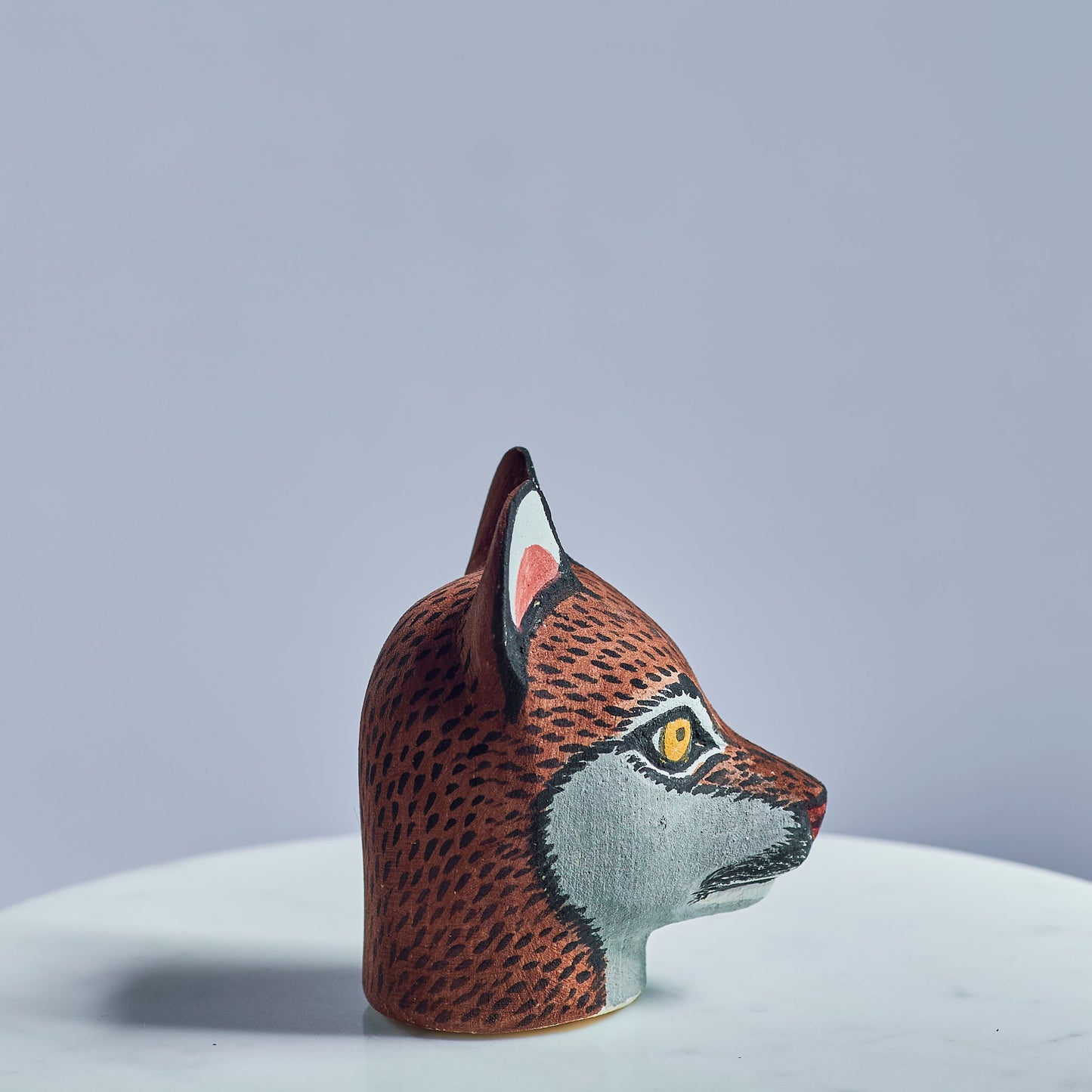 Handmade, hand carved wood, hand painted wooden animal heads. One-of-a-kind, unique tabletop decor, sit-about home décor. Artisan made from Chané artisans in Argentina. Wolf.