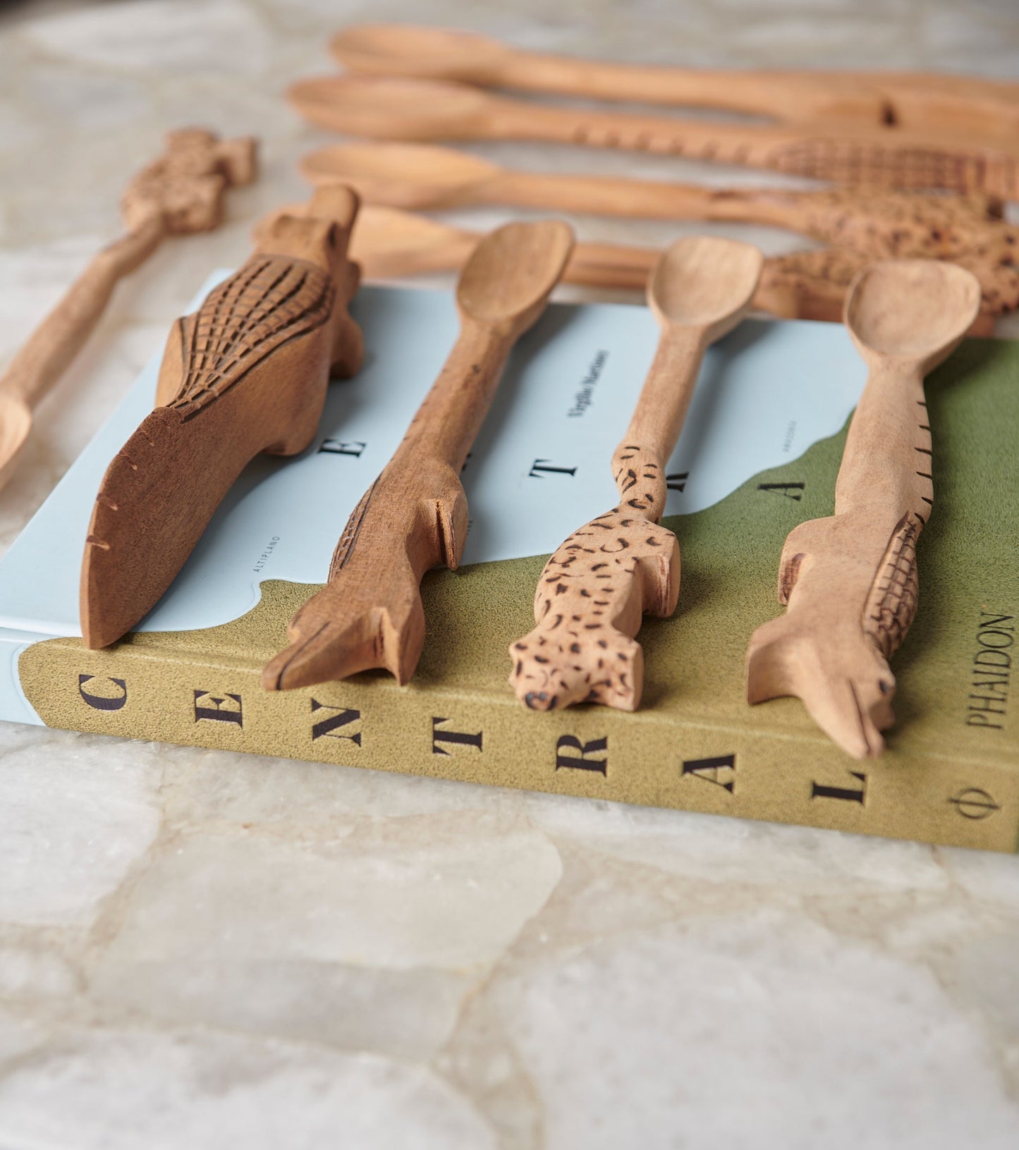 Handmade, hand carved wood, wooden animal serving spoons. One-of-a-kind, unique tabletop home décor. Artisan made serveware out of Carob wood in Corrientes, Argentina. Jaguar, Alligator, Snake.