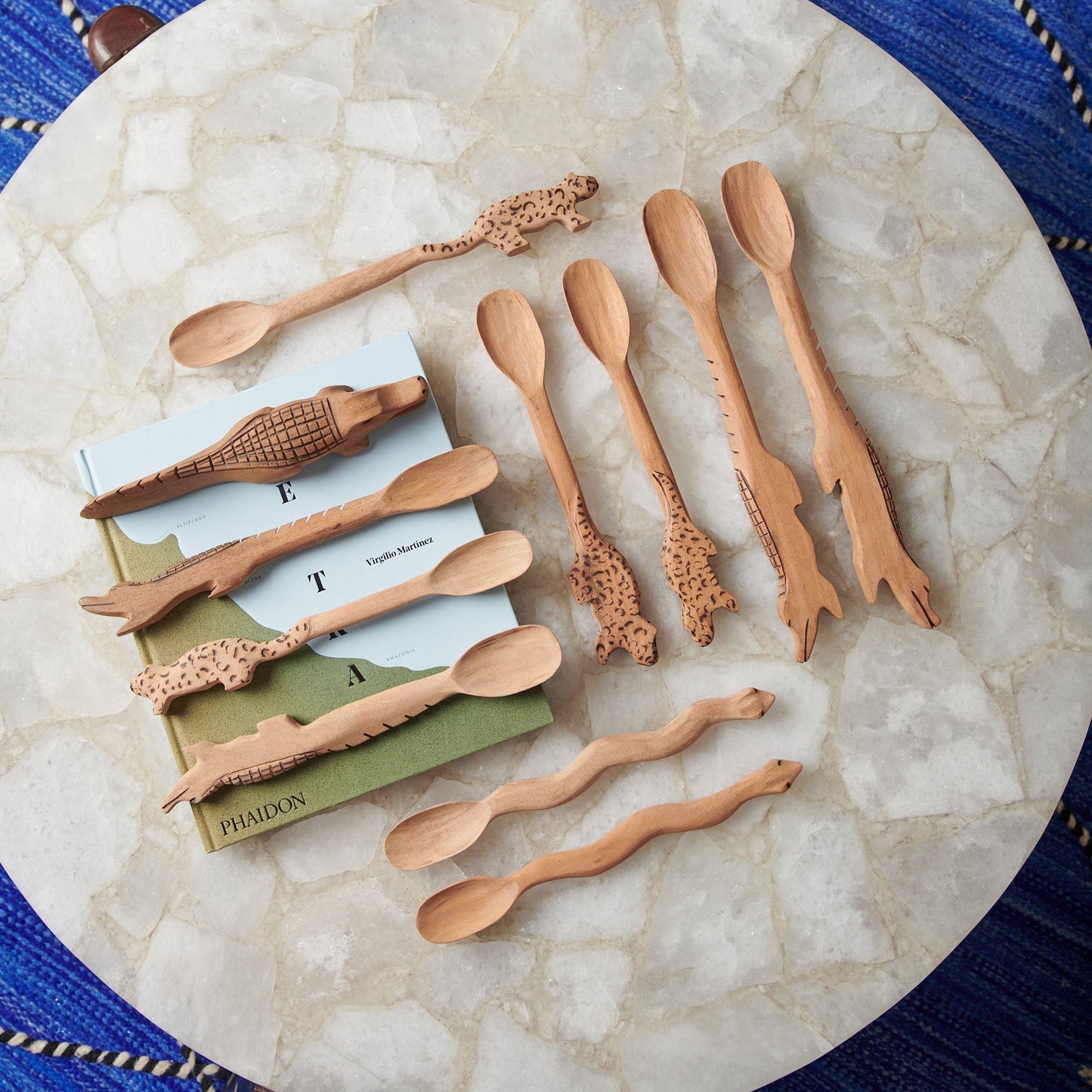 Handmade, hand carved wood, wooden animal serving spoons. One-of-a-kind, unique tabletop home décor. Artisan made serveware out of Carob wood in Corrientes, Argentina. Jaguar, Alligator, Snake.