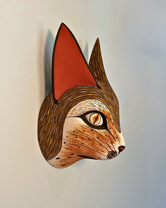 Handmade, hand carved wood, hand painted wooden animal head masks, artifact. One-of-a-kind, unique wall decor, sit-about home décor. Artisan made Chané masks in Argentina. Fox.