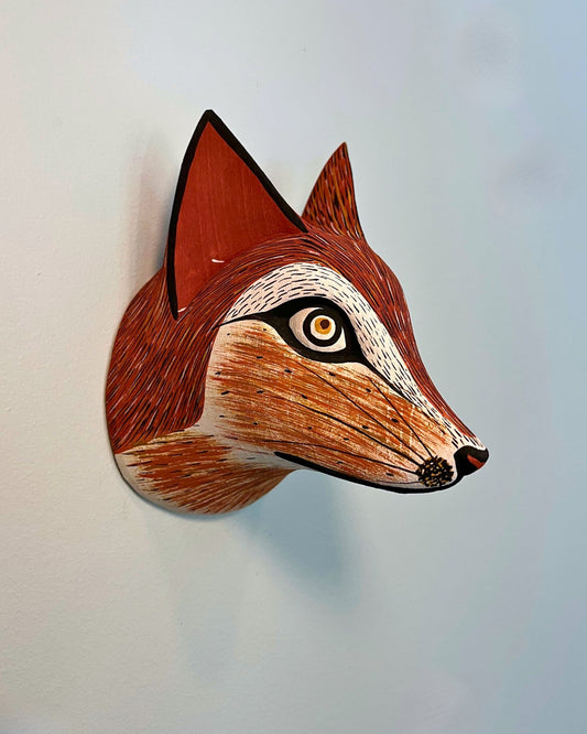 Handmade, hand carved wood, hand painted wooden animal head masks, artifact. One-of-a-kind, unique wall decor, sit-about home décor. Artisan made Chané masks in Argentina. Fox.