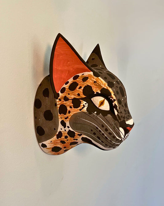 Handmade, hand carved wood, hand painted wooden animal heads.  One-of-a-kind, unique tabletop decor, sit-about home décor. Artisan made from Chané artisans in Argentina. Jaguar.