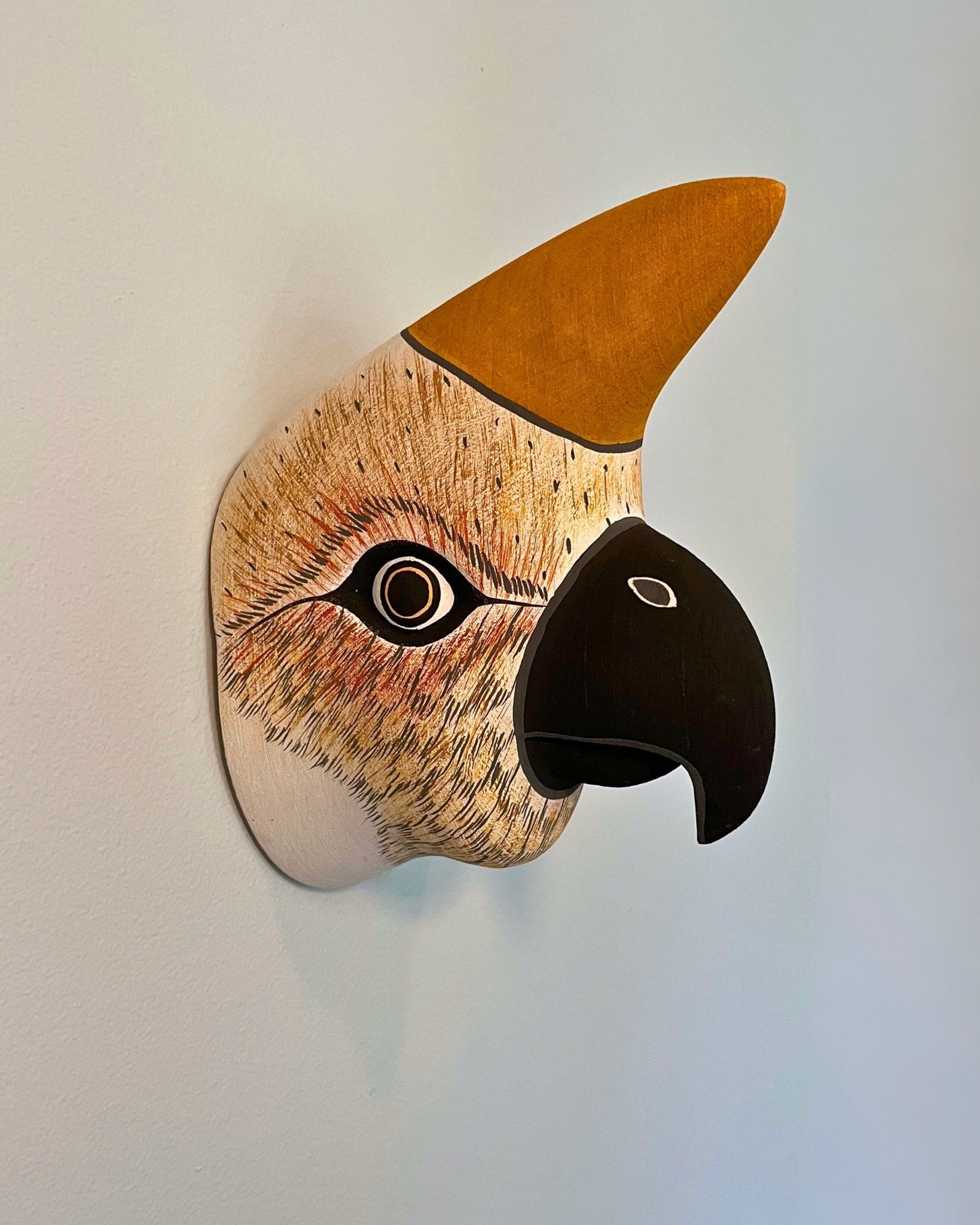 Handmade, hand carved wood, hand painted wooden animal head masks, artifact. One-of-a-kind, unique wall decor, sit-about home décor. Artisan made Chané masks in Argentina. Bird.