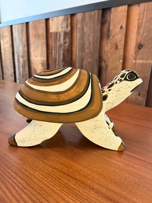 Handmade, hand carved wood, hand painted wooden animal heads.  One-of-a-kind, unique tabletop decor, sit-about home décor. Artisan made from Chané artisans in Argentina. Tortoise Sculpture.