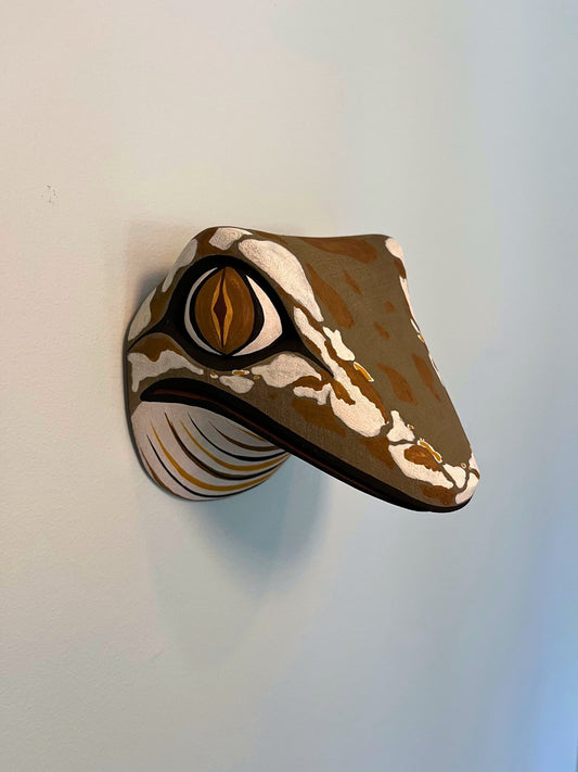 Handmade, hand carved wood, hand painted wooden animal head masks, artifact. One-of-a-kind, unique wall decor, sit-about home décor. Artisan made Chané masks in Argentina. Toad.