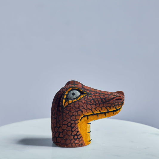 Handmade, hand carved wood, hand painted wooden animals. Tabletop decor, sit-about. Chané, Argentina. Alligator.