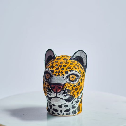 Handmade, hand carved wood, hand painted wooden animal heads.  One-of-a-kind, unique tabletop decor, sit-about home décor. Artisan made from Chané artisans in Argentina. Jaguar.