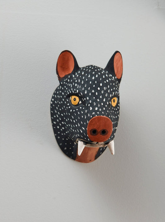 Handmade, hand carved wood, hand painted wooden animal head masks, artifact. One-of-a-kind, unique wall decor, sit-about home décor. Artisan made Chané mask in Argentina. Hog, Pig.