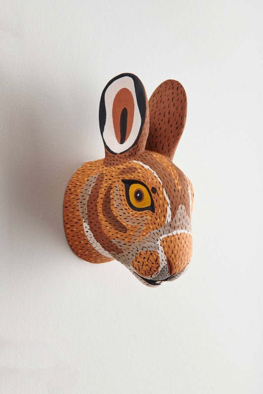 Handmade, hand carved wood, hand painted wooden animal head masks, artifact. One-of-a-kind, unique wall decor, sit-about home décor. Artisan made Chané mask in Argentina. Rabbit, Hare.