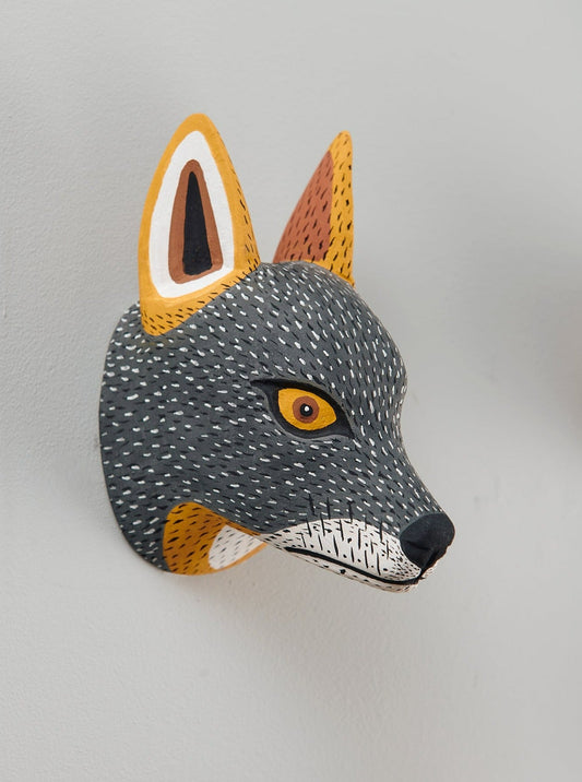 Handmade, hand carved wood, hand painted wooden animal head masks, artifact. One-of-a-kind, unique wall decor, sit-about home décor. Artisan made Chané mask in Argentina. Wolf.