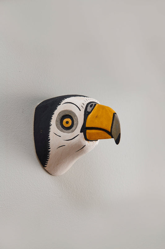 Handmade, hand carved wood, hand painted wooden animal head masks, artifact. One-of-a-kind, unique wall decor, sit-about home décor. Artisan made Chané mask in Argentina. Parrot, Bird.