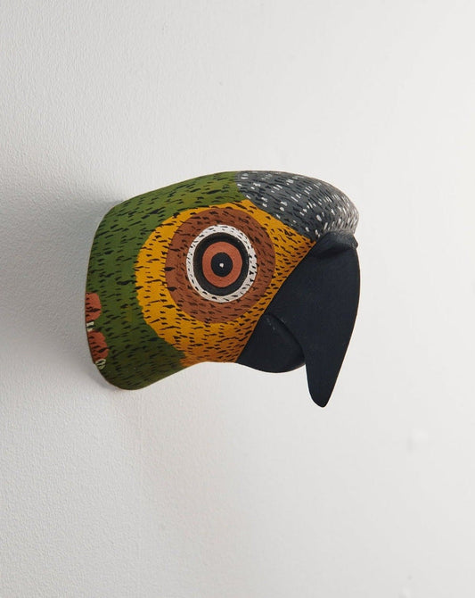 Handmade, hand carved wood, hand painted wooden animal head masks, artifact. One-of-a-kind, unique wall decor, sit-about home décor. Artisan made Chané mask in Argentina. Parrot, Bird.