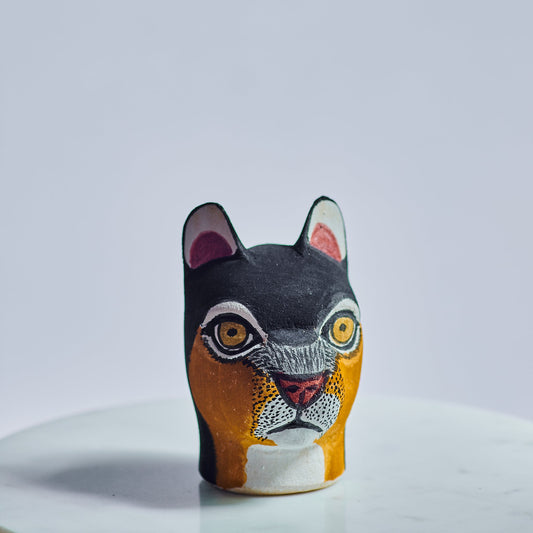 Handmade, hand carved wood, hand painted wooden animal heads.  One-of-a-kind, unique tabletop decor, sit-about home décor. Artisan made from Chané artisans in Argentina. Wild Cat.