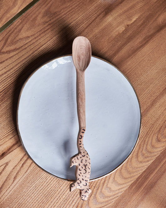 Handmade, hand carved wood, wooden animal serving spoons. One-of-a-kind, unique tabletop home décor. Artisan made serveware out of Carob wood in Corrientes, Argentina. Jaguar.