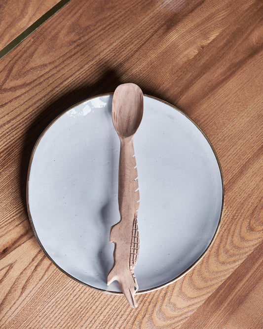 Handmade, hand carved wood, wooden animal serving spoons. One-of-a-kind, unique tabletop home décor. Artisan made serveware out of Carob wood in Corrientes, Argentina. Alligator.