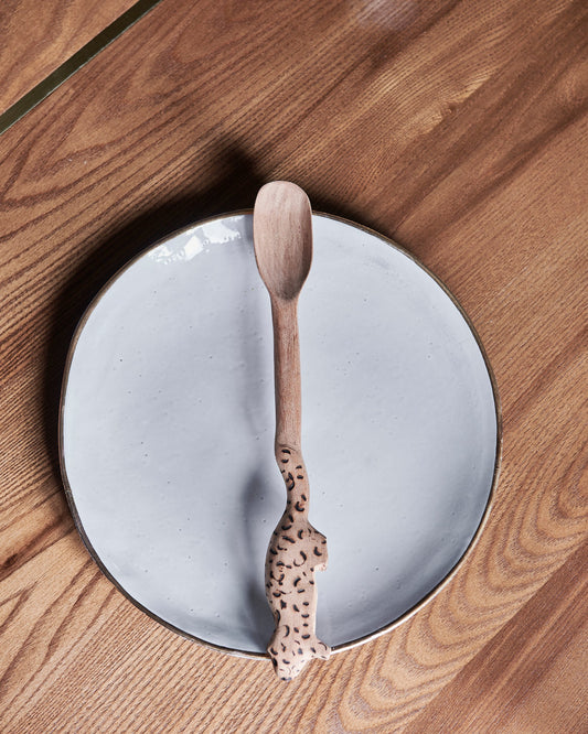 Handmade, hand carved wood, wooden animal serving spoons. One-of-a-kind, unique tabletop home décor. Artisan made serveware out of Carob wood in Corrientes, Argentina. Jaguar.