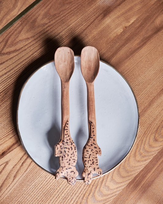 Handmade, hand carved wood, wooden animal serving spoons. One-of-a-kind, unique tabletop home décor. Artisan made serveware out of Carob wood in Corrientes, Argentina. Jaguars.